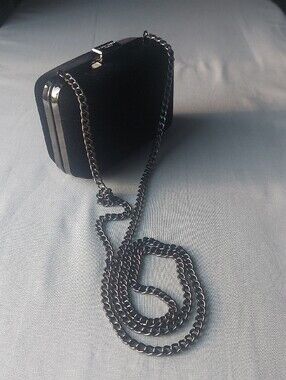 Giorgio Armani Black Velvet Box Clutch with Silver Chain Strap